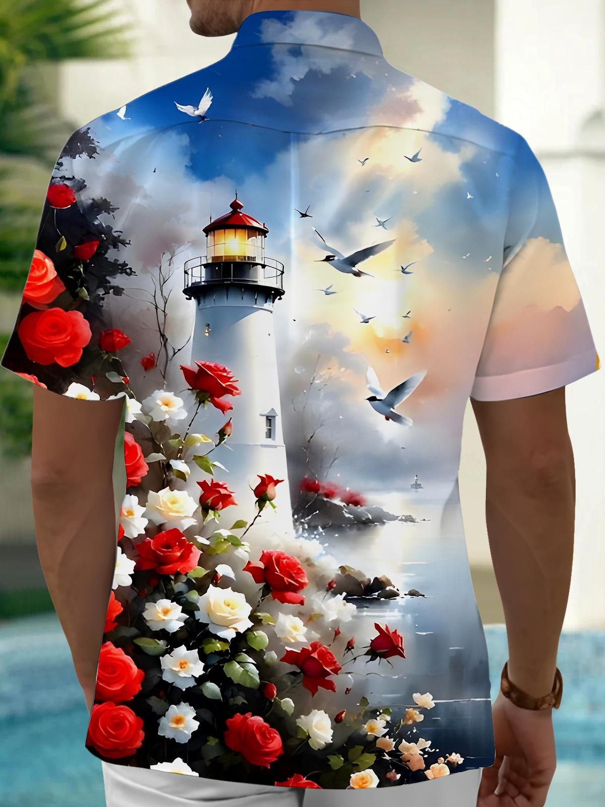 Lighthouse Floral Men's Pocket Short Sleeve Shirts