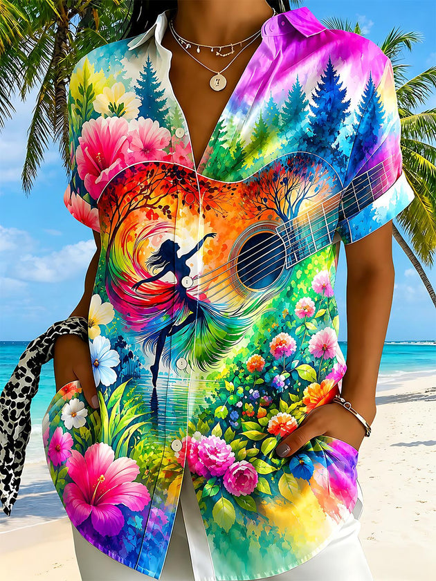 Music Guitar Dancer Watercolor Colorful Floral Women's Short Sleeve Shirts