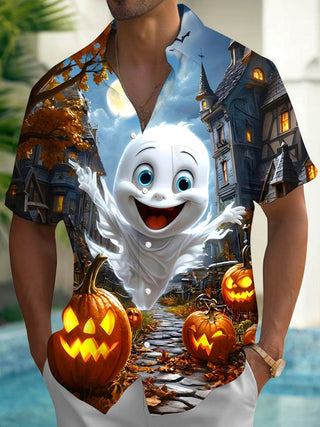 Men's black Halloween ghost pumpkin print short sleeve shirt front view costume
