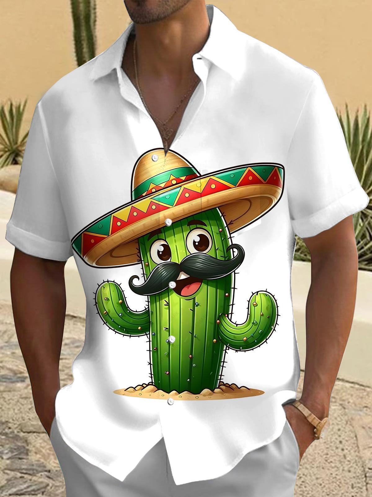 Men's Cartoon Cactus Print Pocket Short Sleeve Shirt Front View