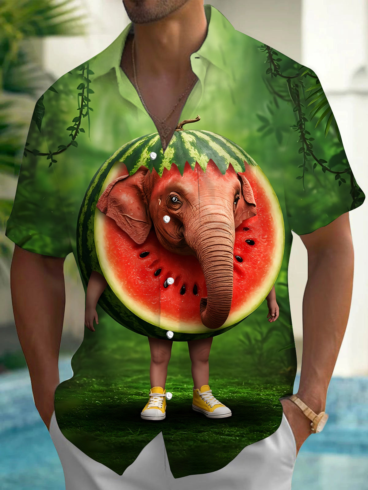 Elephant Watermelon Print Men's Pocket Short Sleeve Shirts