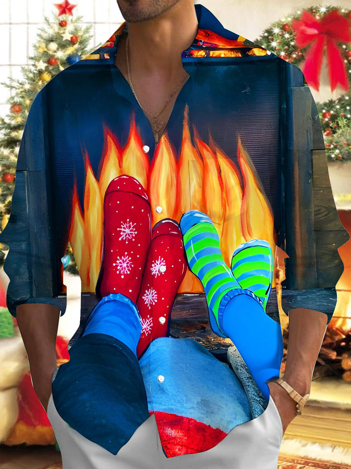 Fun Christmas Fireplace Warmth Xmas Men's Pocket Long Sleeve Shirts