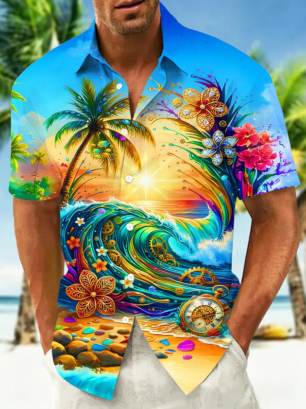 Men's blue Hawaiian wave print short sleeve shirt front view for beach vacation