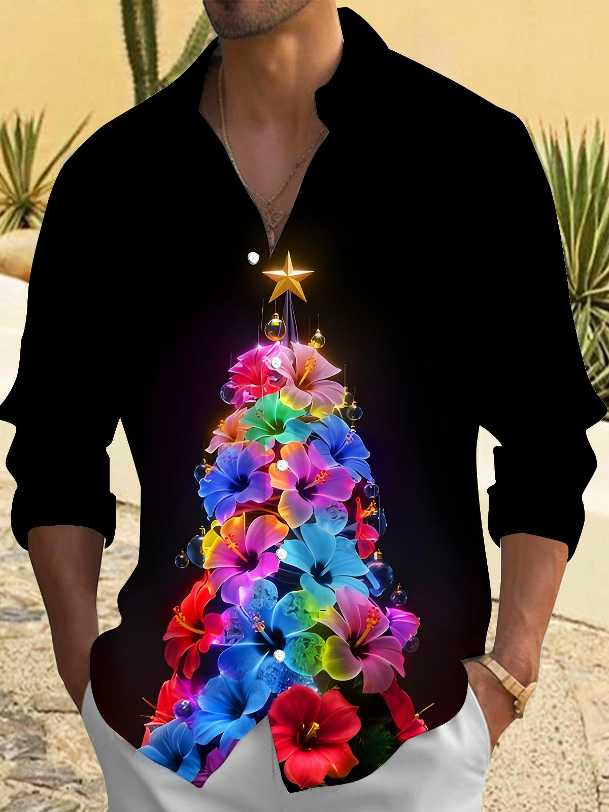 Colorful Christmas Floral Tree Xmas Men's Pocket Long Sleeve Shirts