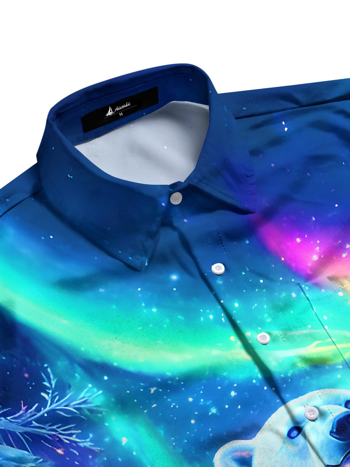 Winter Snow Aurora Polar Bear Gift Men's Pocket Long Sleeve Shirts