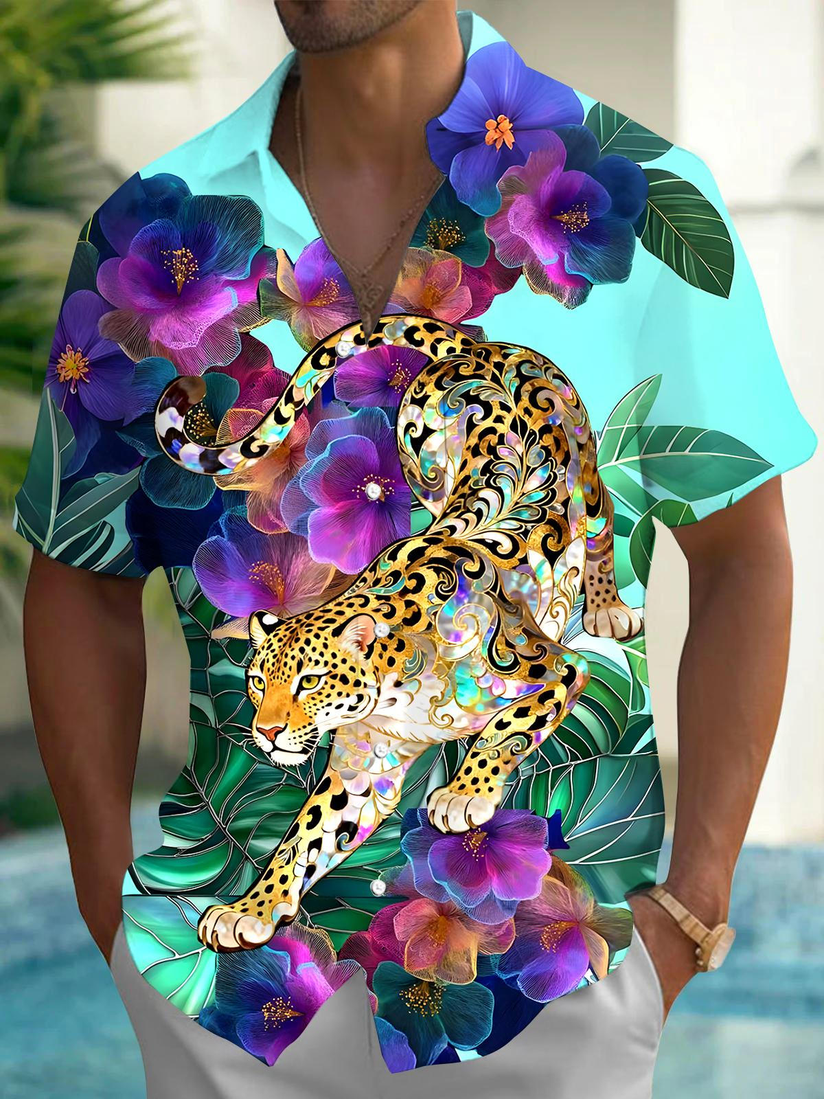 Hawaiian Cheetah Floral Men's Pocket Short Sleeve Shirts