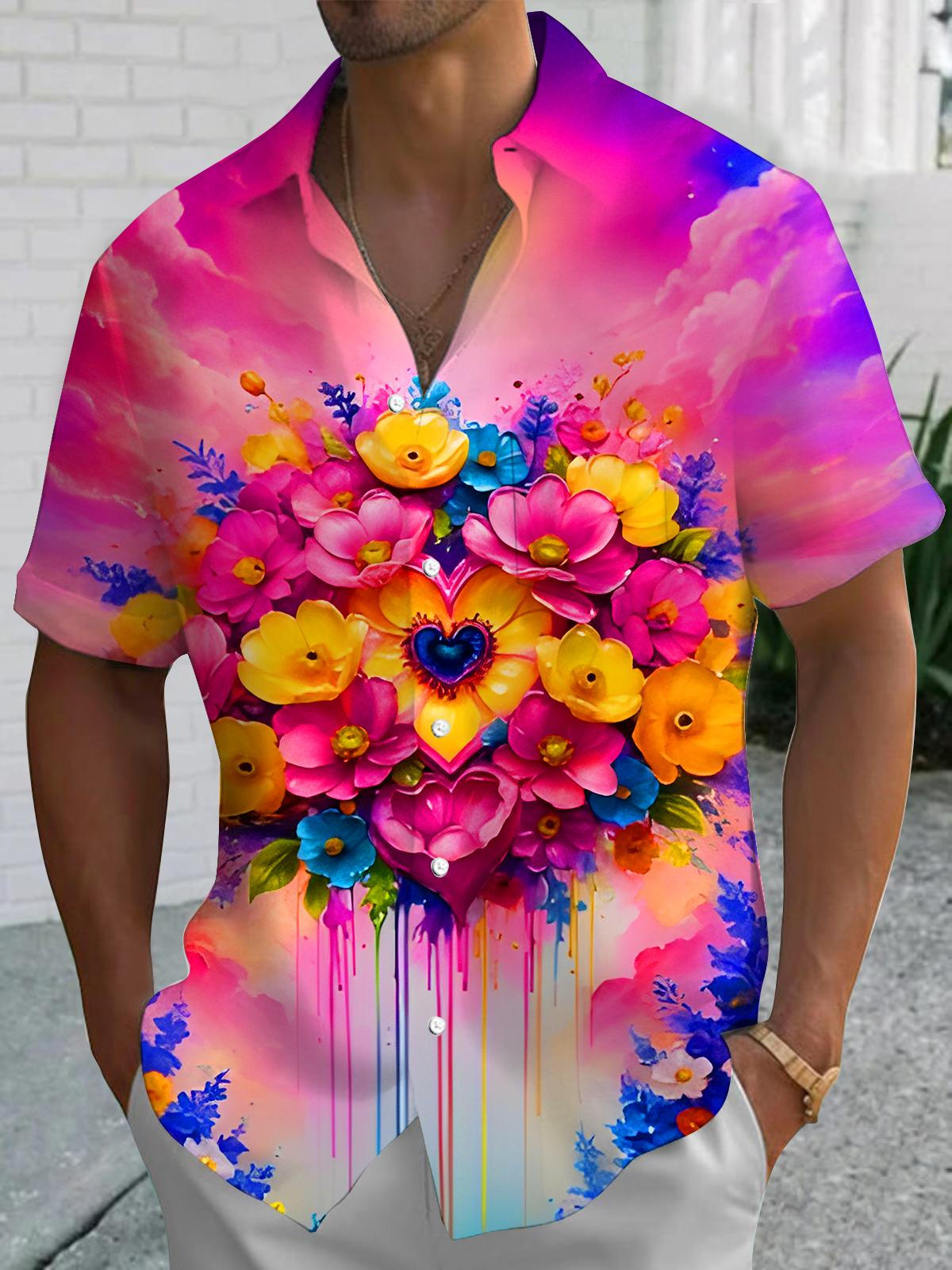 Colorful Floral Men's Pocket Short Sleeve Shirts