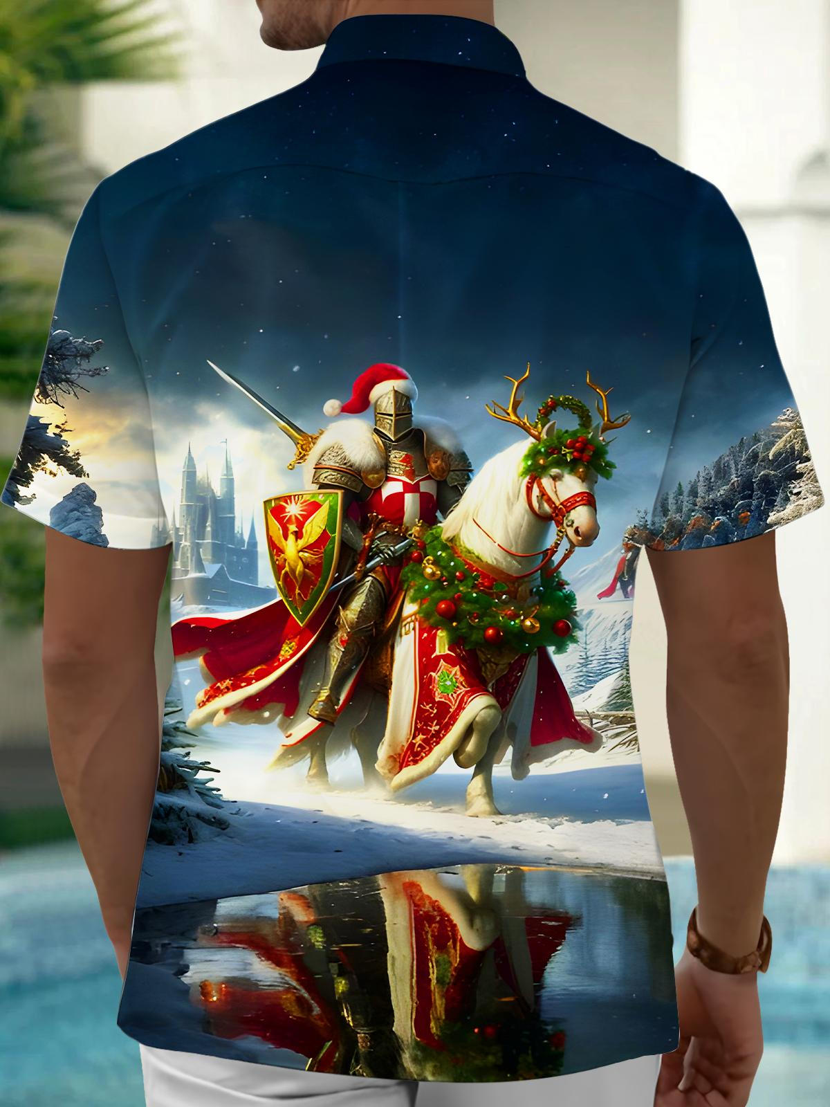 Christmas Knight General On Horseback Xmas Men's Pocket Short Sleeve Shirts