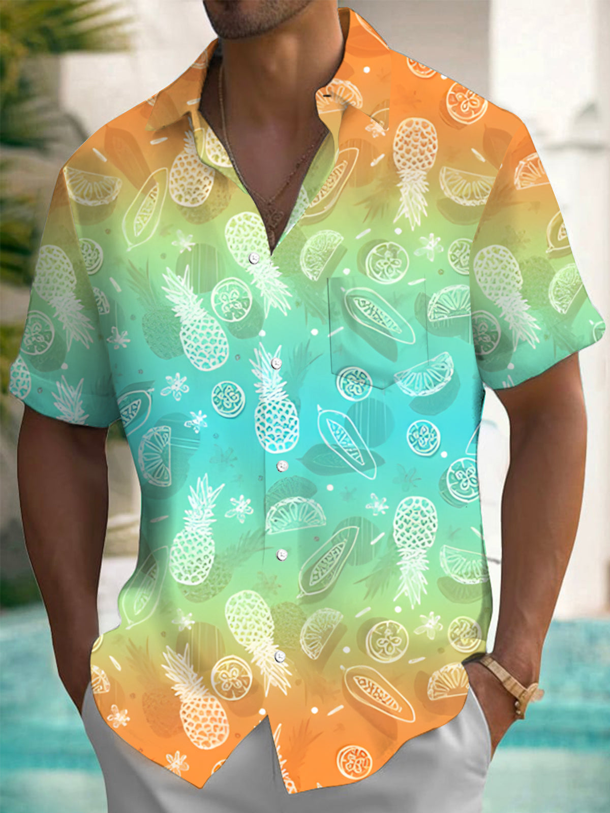 Hawaiian Pineapple Gradient Men's Pocket Short Sleeve Shirts