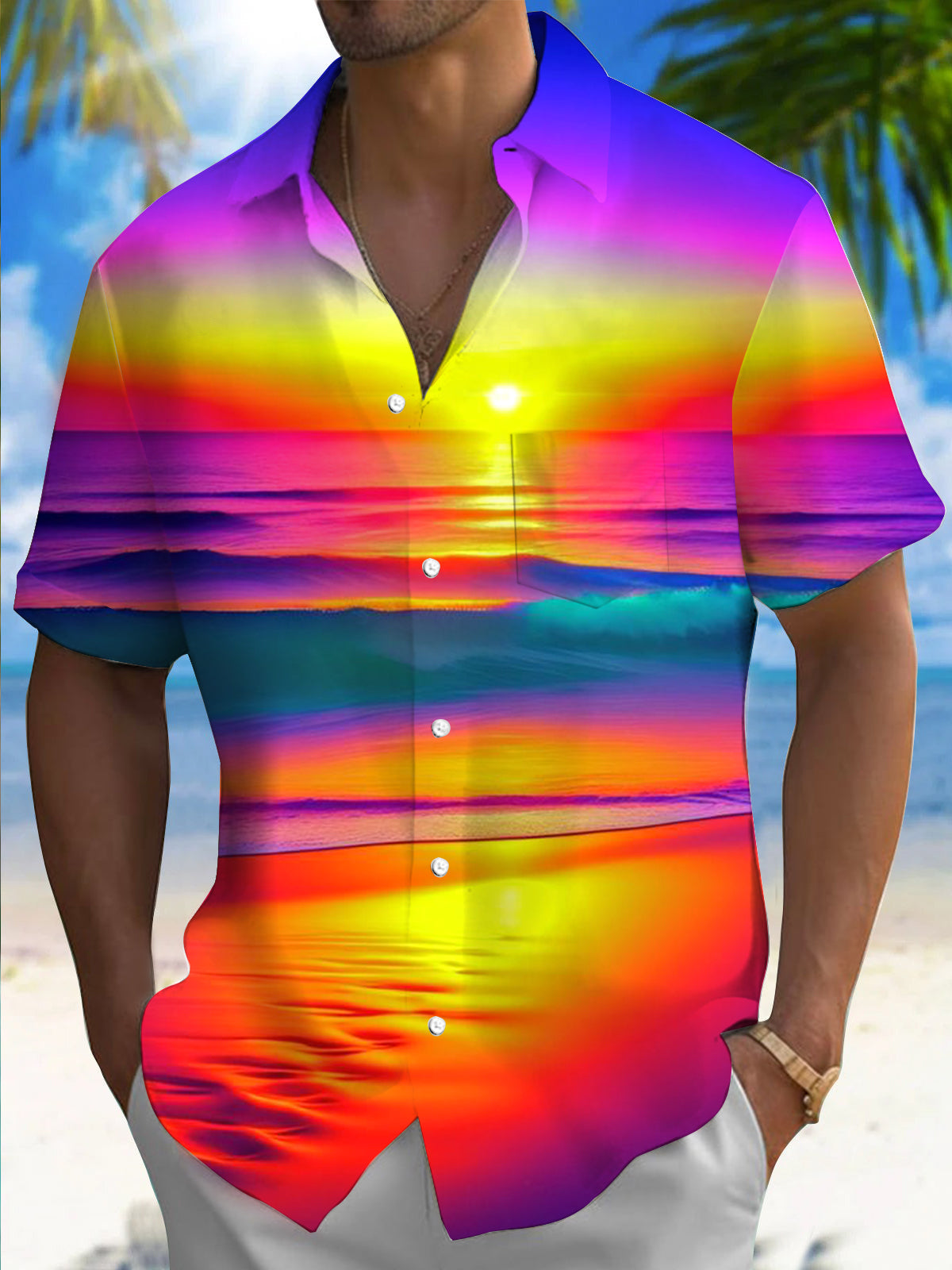 Sunset Beach Men's Pocket Short Sleeve Shirts