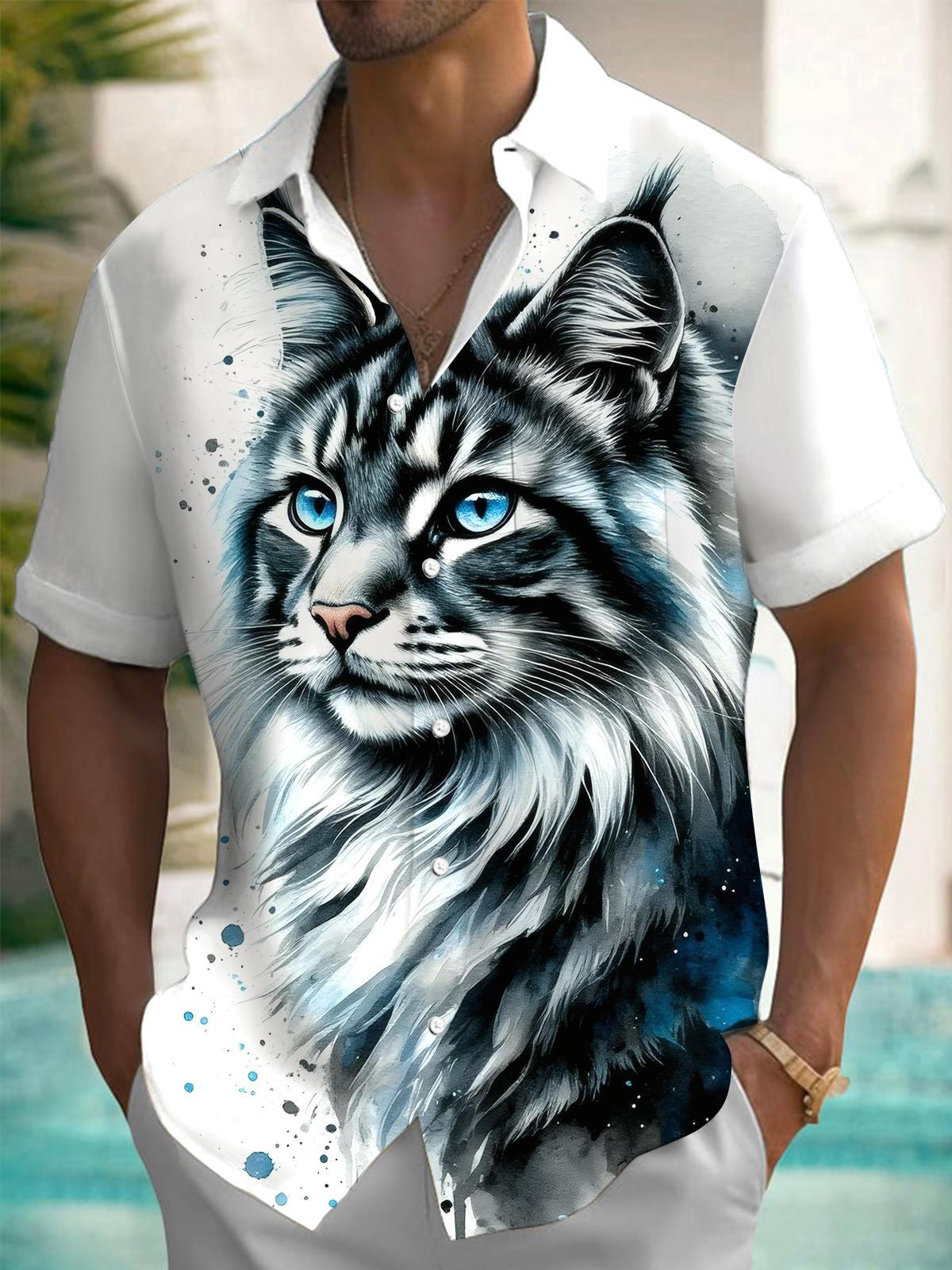 Cat Print Men's Pocket Short Sleeve Shirts