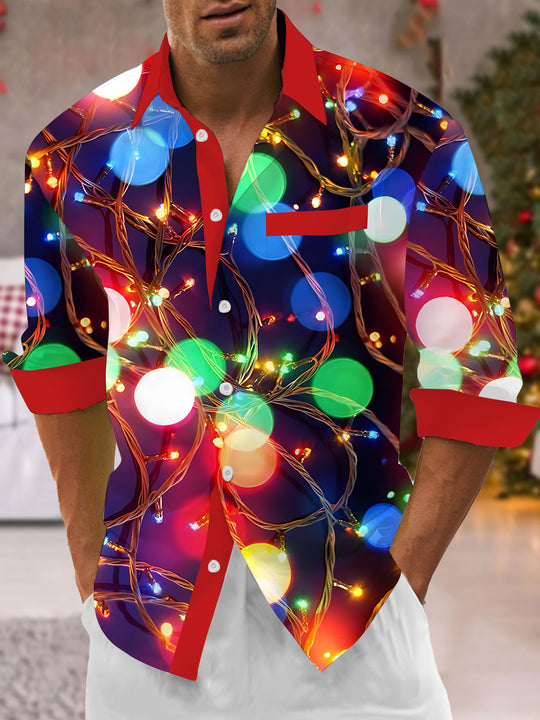Men's red Christmas lights print long sleeve pocket shirt front view for holiday party