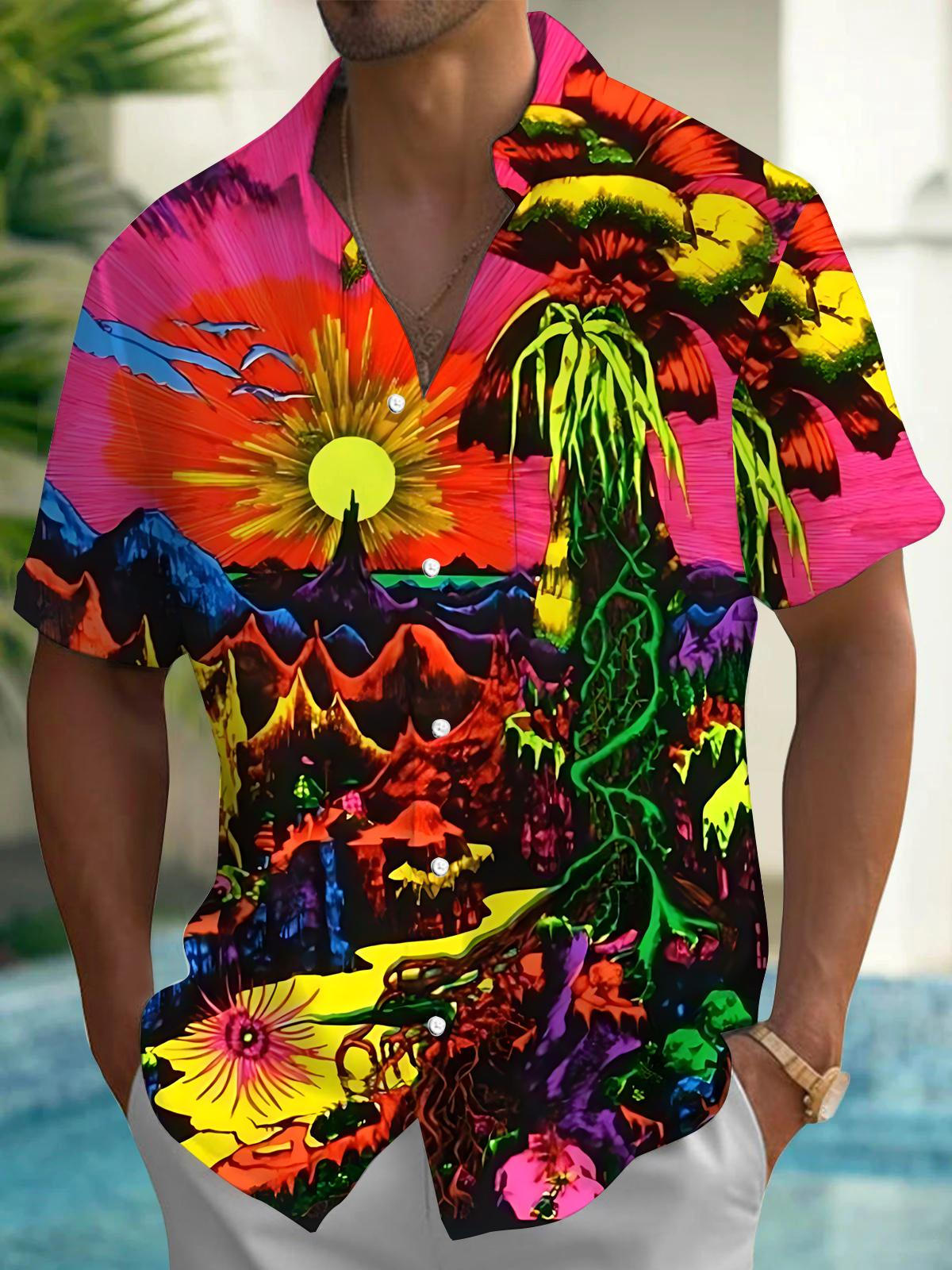 Abstract Landscape Print Men's Pocket Short Sleeve Shirts