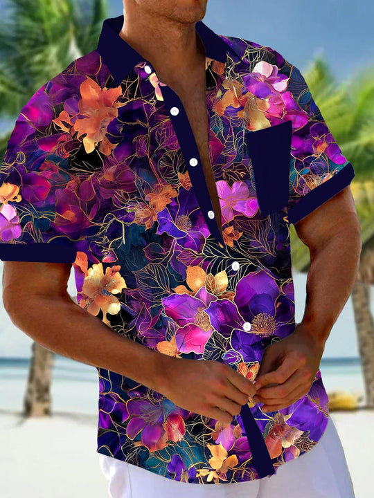 Men's floral short sleeve Hawaiian shirt front view for tropical beach vacation