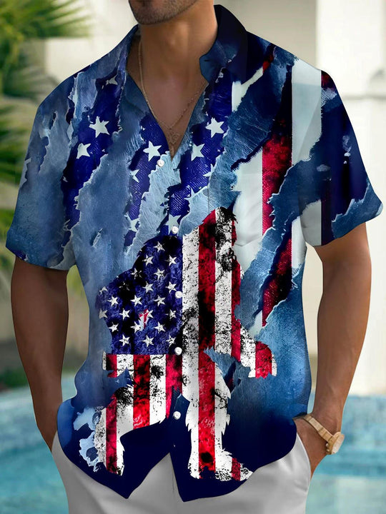 Men's American flag print short sleeve shirt front view for Independence Day