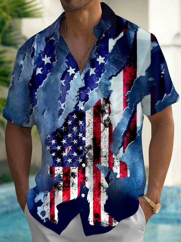 Men's American flag print short sleeve shirt front view for Independence Day