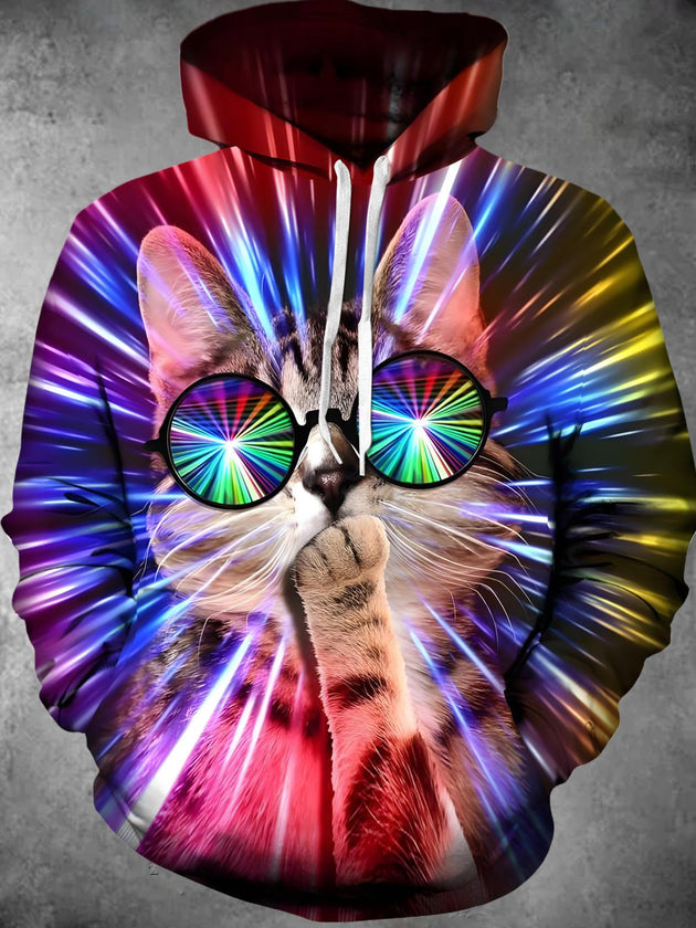 Men's cat graphic pullover hoodie front view long sleeve