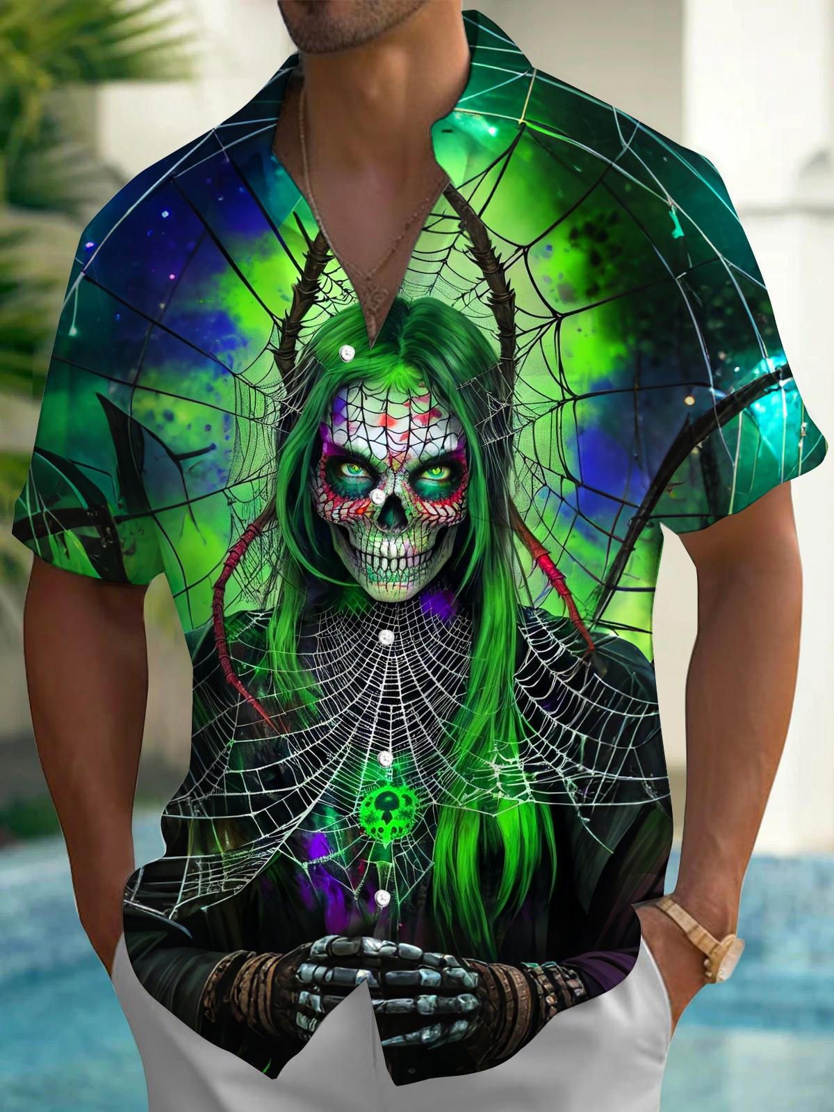 Skull Print Men's Pocket Short Sleeve Shirts