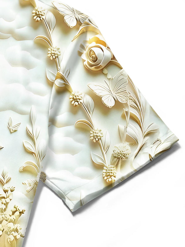 Men's short sleeve shirt close-up detail of 3D embossed eagle flower butterfly print on pocket