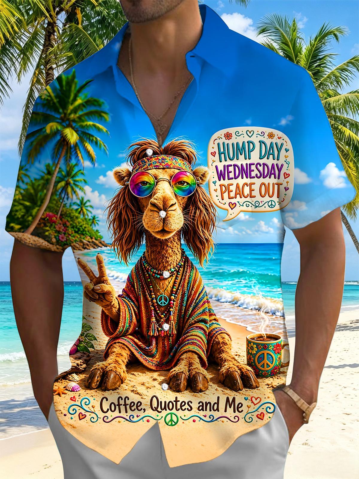 Fun Hawaiian Hippie Camel Beach Palm Slogan Men's Pocket Short Sleeve Shirts