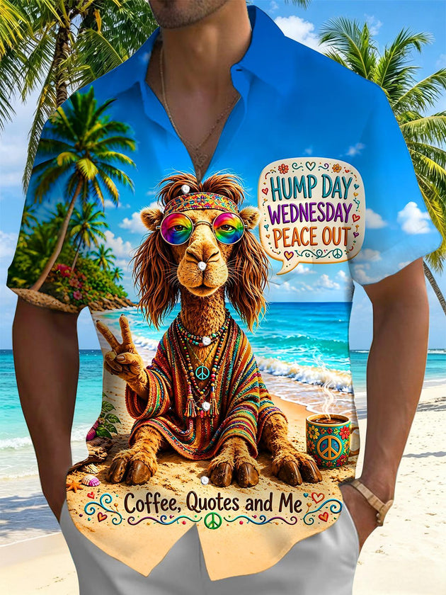 Fun Hawaiian Hippie Camel Beach Palm Slogan Men's Pocket Short Sleeve Shirts