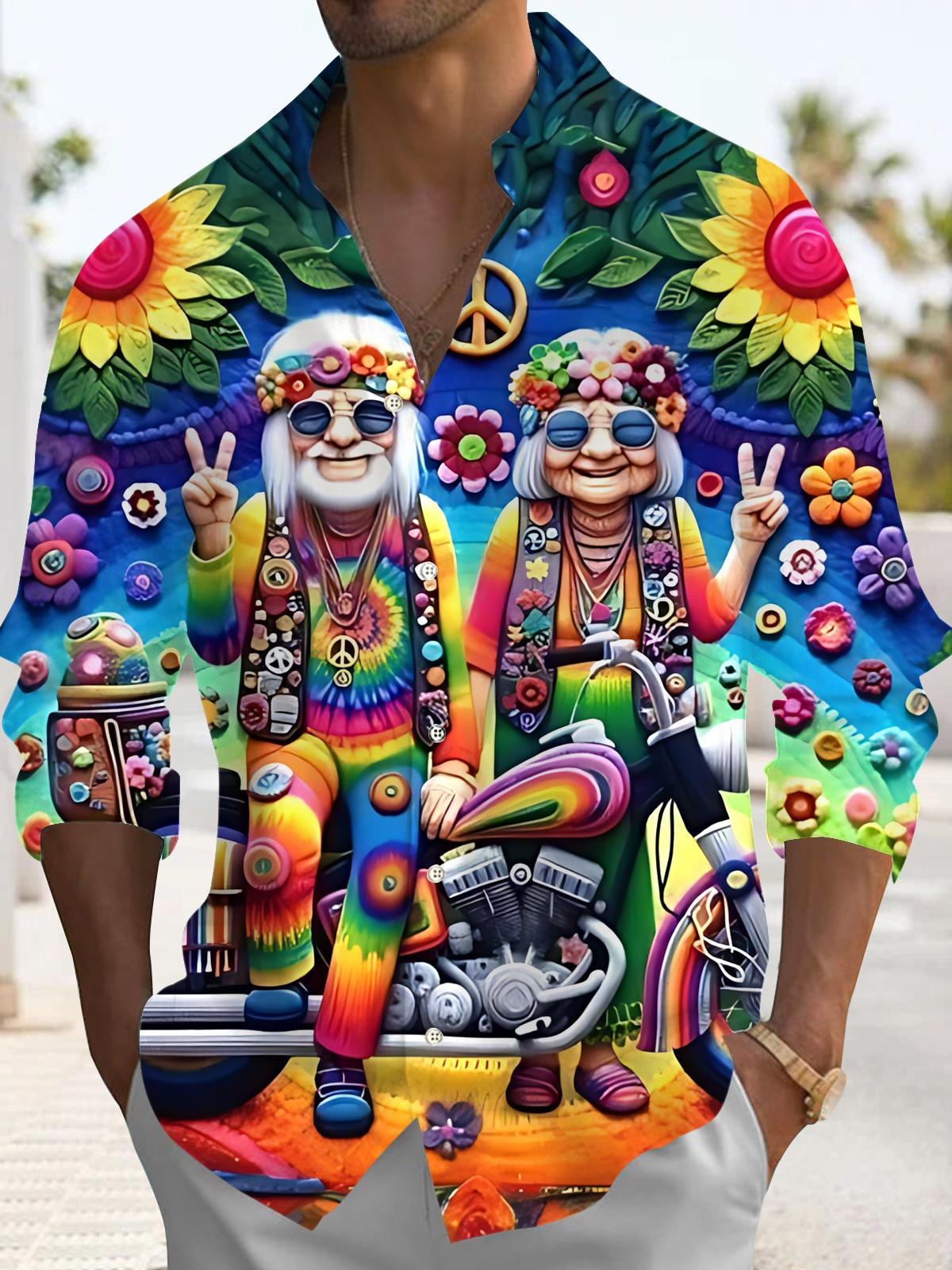 Hippie Art Print Men's Pocket Long Sleeve Shirts