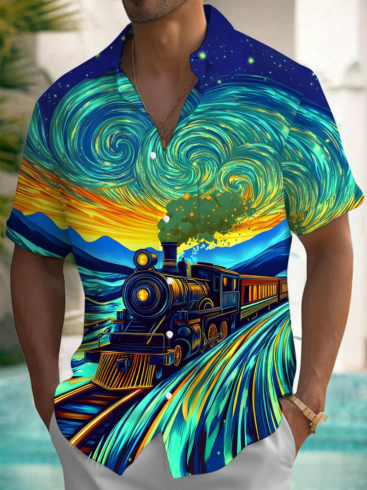 Train Art Print Men's Pocket Short Sleeve Shirts