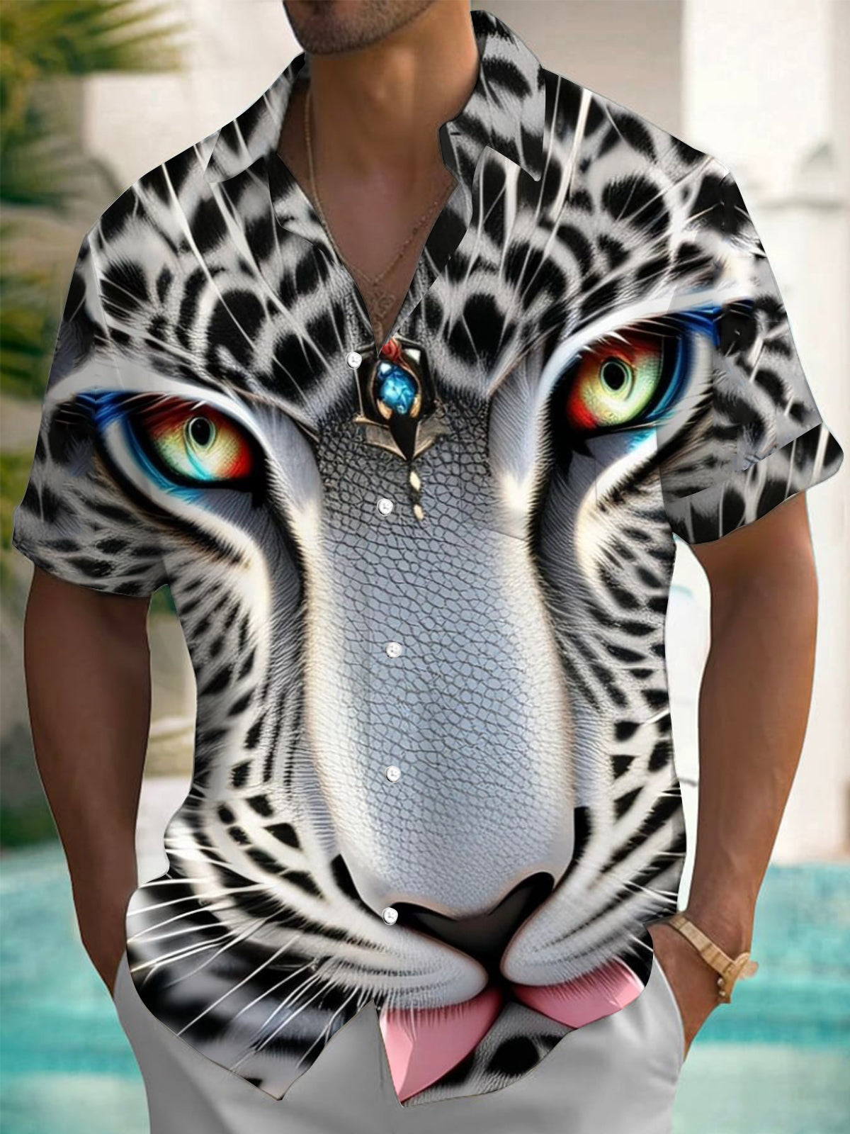 Animal Leopard Print Men's Pocket Short Sleeve Shirts