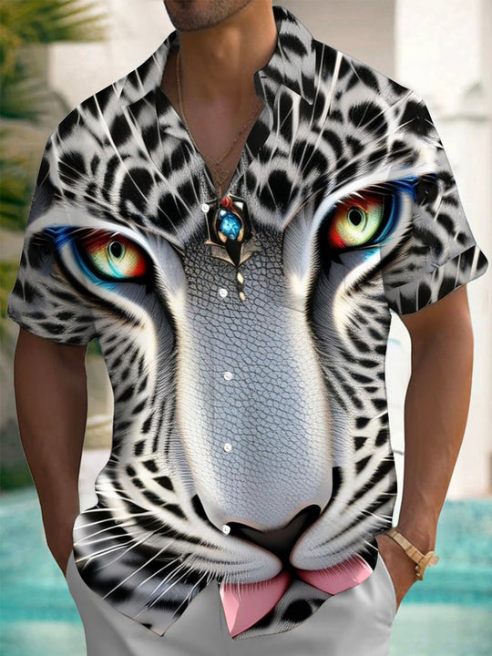 Men's Brown Leopard Print Short Sleeve Shirt Front View