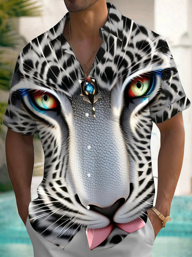 Men's Brown Leopard Print Short Sleeve Shirt Front View