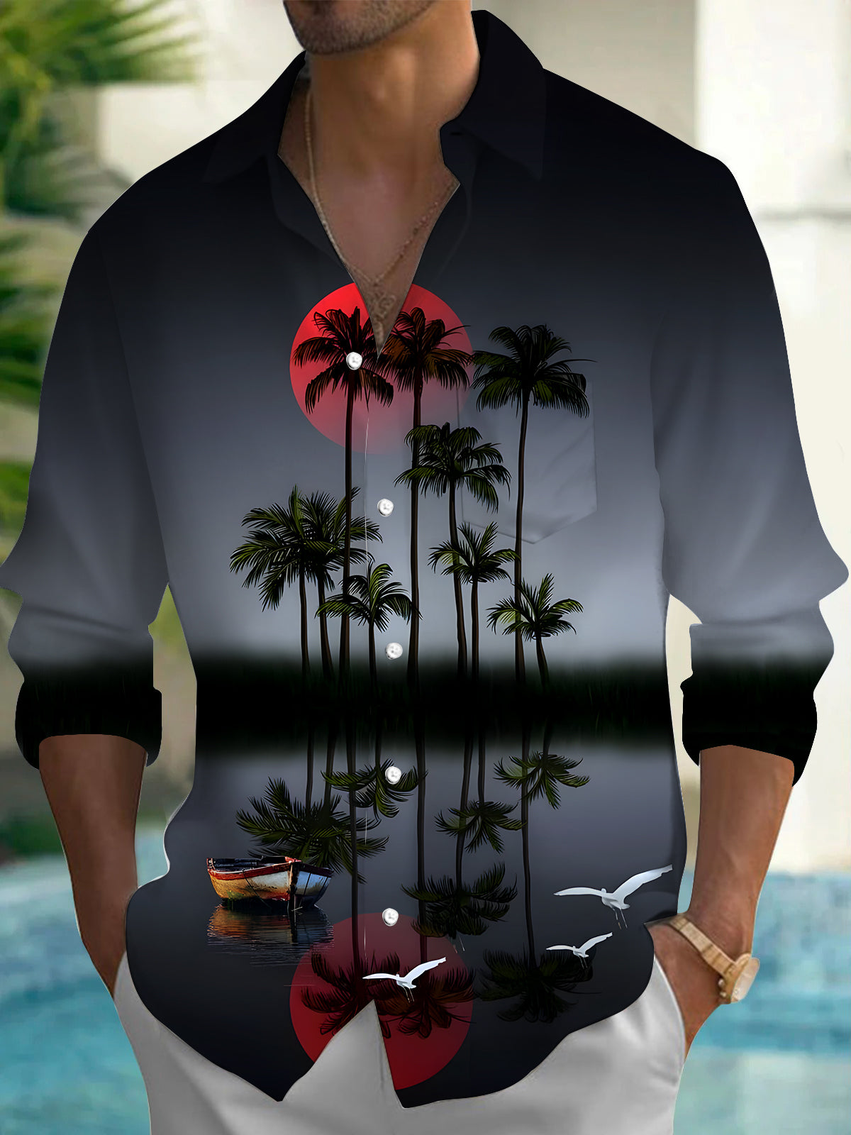 Coconut Tree Men's Pocket Long Sleeve Shirts