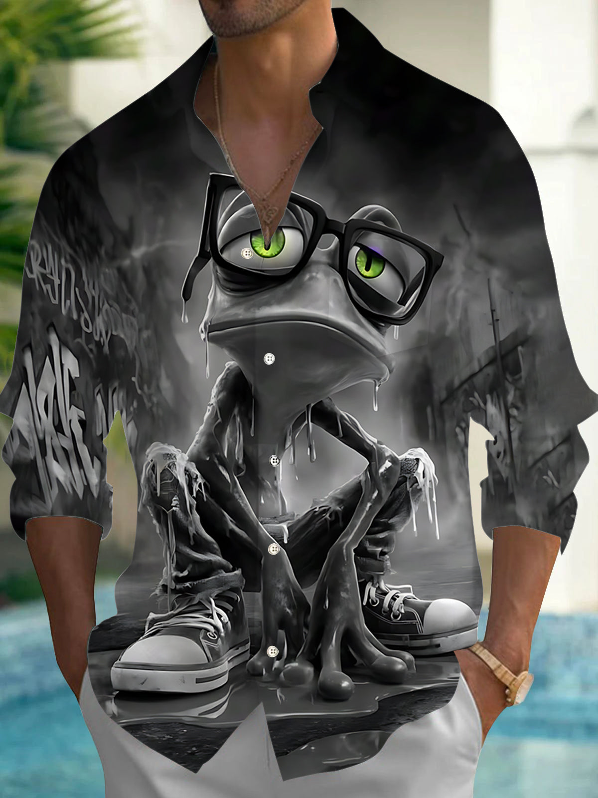 Frog Print Men's Pocket Long Sleeve Shirts