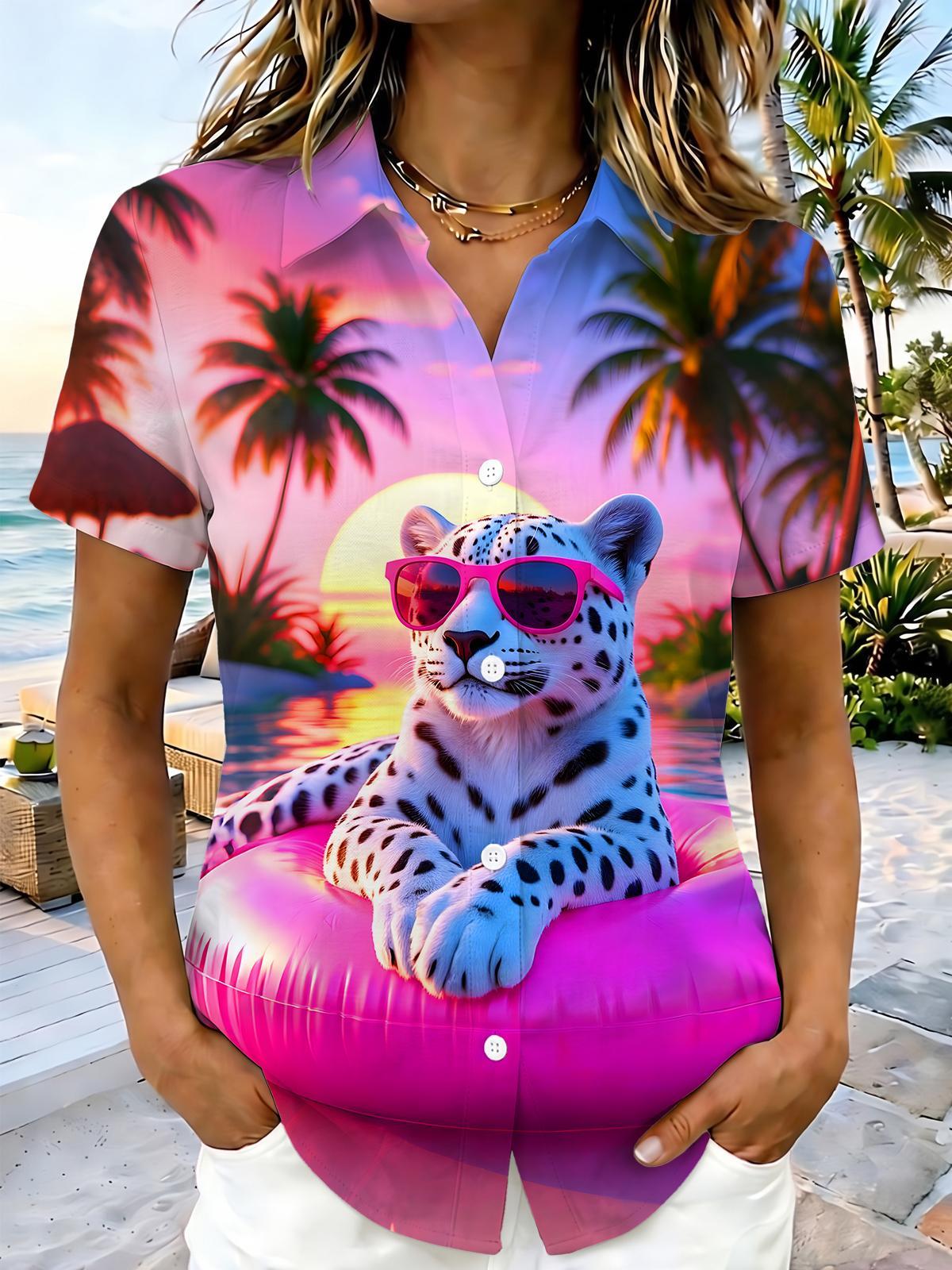 Women's short sleeve Hawaiian shirt front view for vacation resort wear