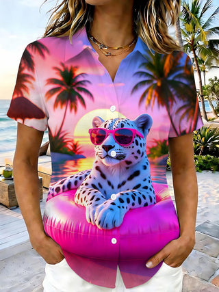 Women's short sleeve Hawaiian shirt front view for vacation resort wear