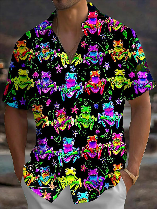 Colorful Rainforest Frog Flower Men's Pocket Short Sleeve Shirts