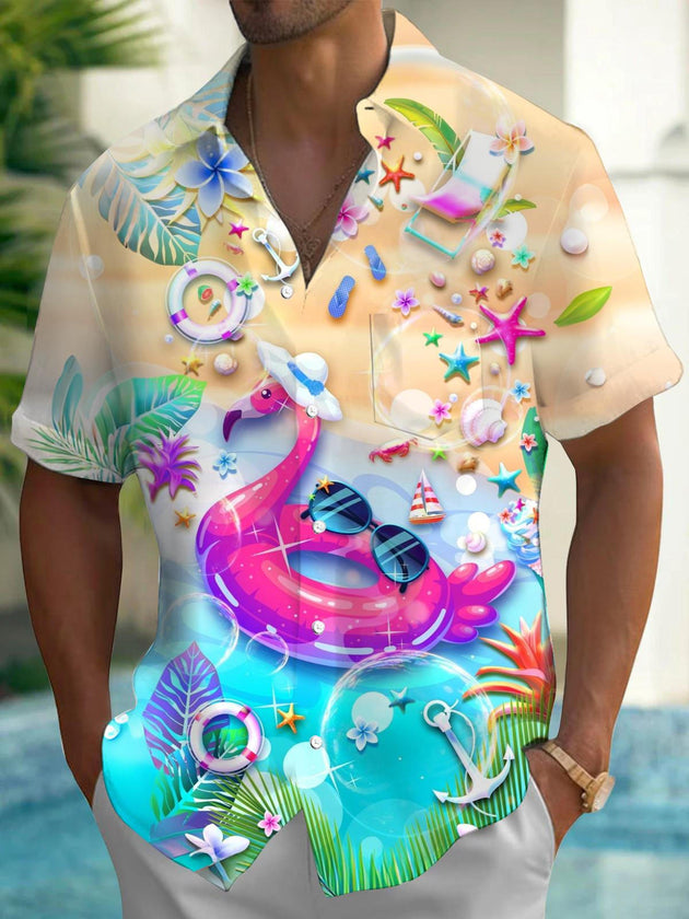 Men's Hawaiian flamingo print short sleeve shirt front view for beach vacation
