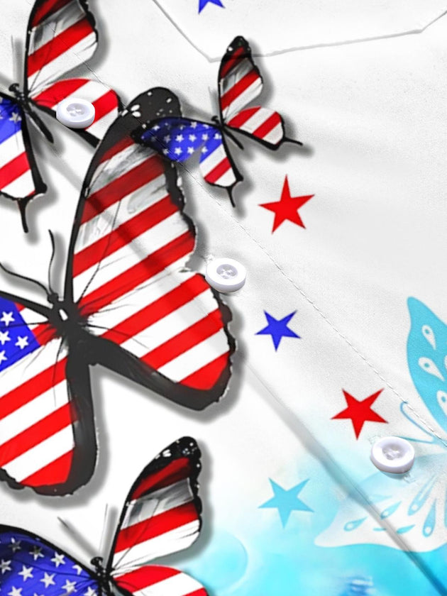 American Flag Butterfly Print Men's Pocket Short Sleeve Shirts