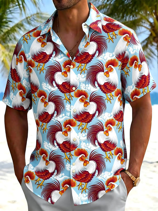Rooster Print Men's Pocket Short Sleeve Shirts
