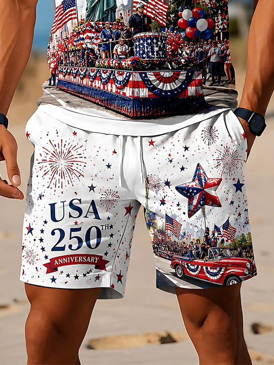 Independence Day USA 250th Anniversary Statue Of Liberty Parade Men's Print Pocket Shorts