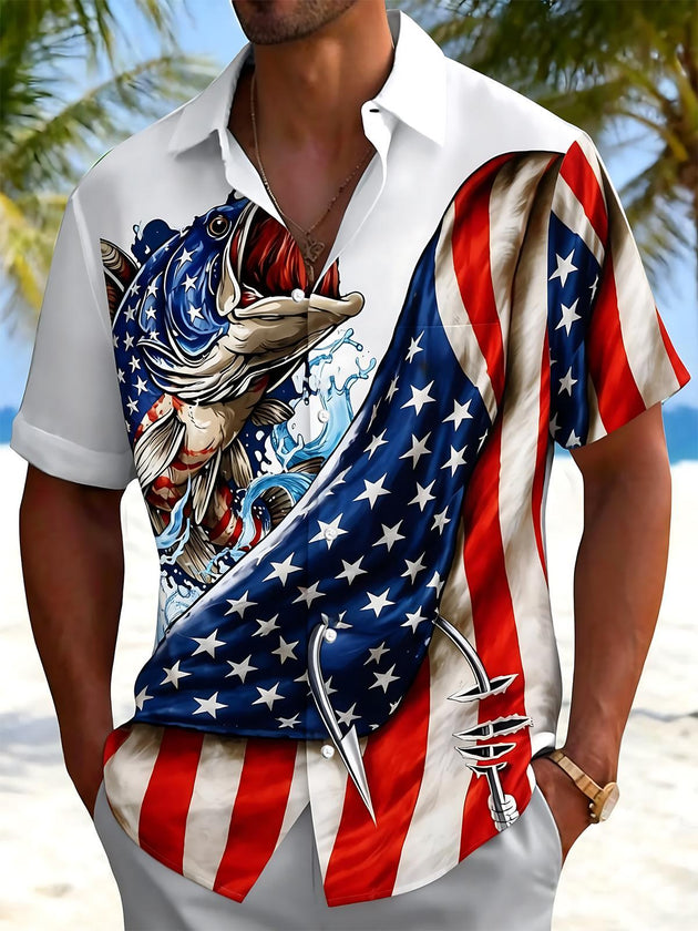 Men's American flag fish print short sleeve shirt front view Independence Day