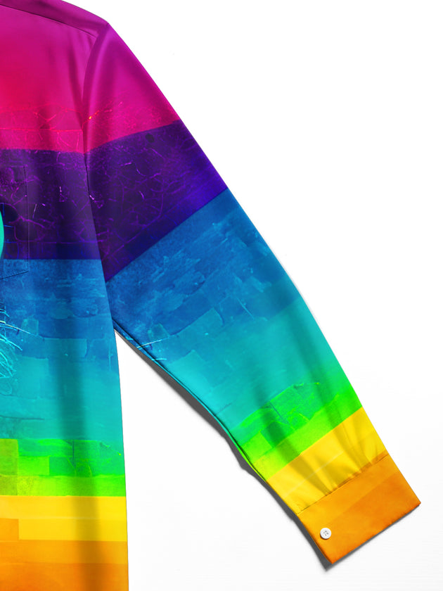 Men's long sleeve shirt close-up detail of gradient tie dye fabric texture and fine stitching