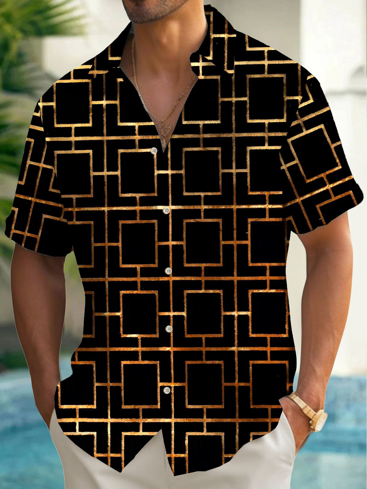 Geometric Print Men's Pocket Short Sleeve Shirts