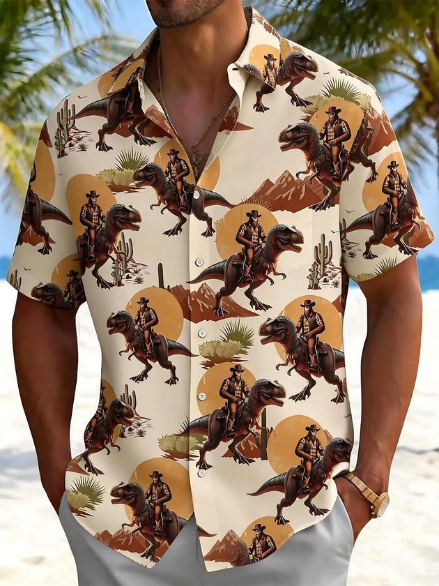 men's dinosaur print shirt front view