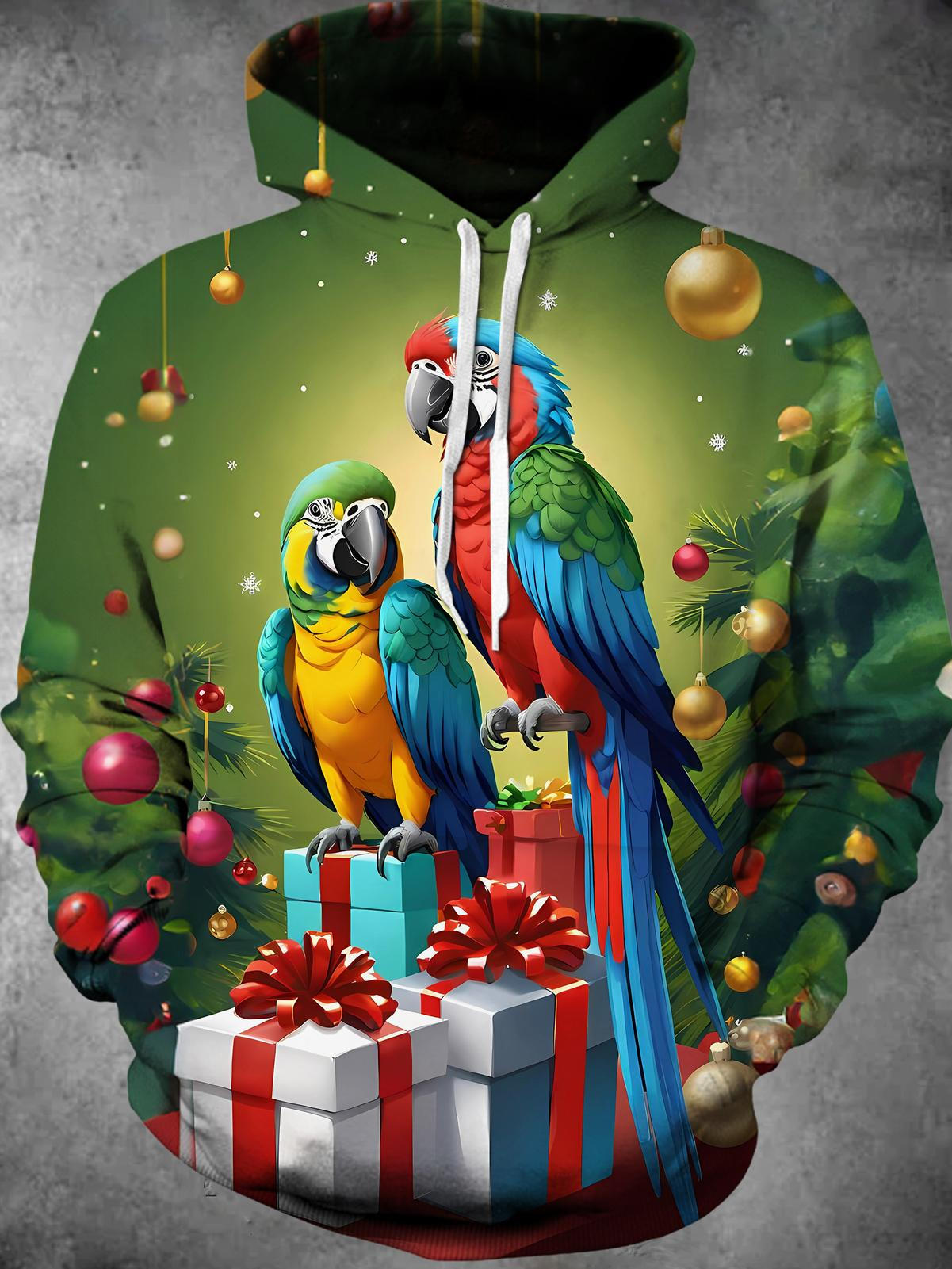 Christmas Parrot Gift Long Sleeve Hooded Pocket Men's Top