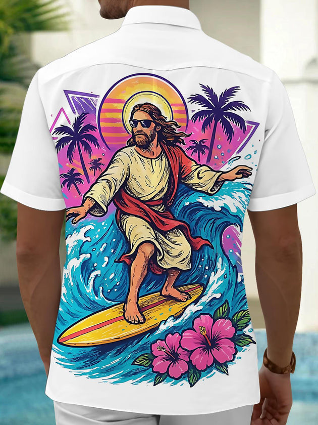 Men's Hawaiian print pocket short sleeve shirt back view