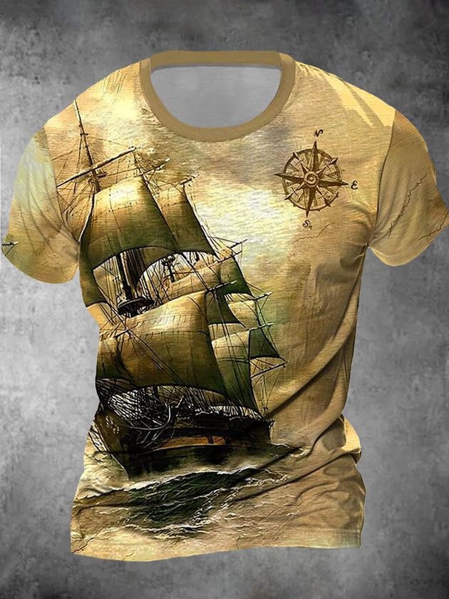 Men's vintage style boat graphic short sleeve T-shirt front view