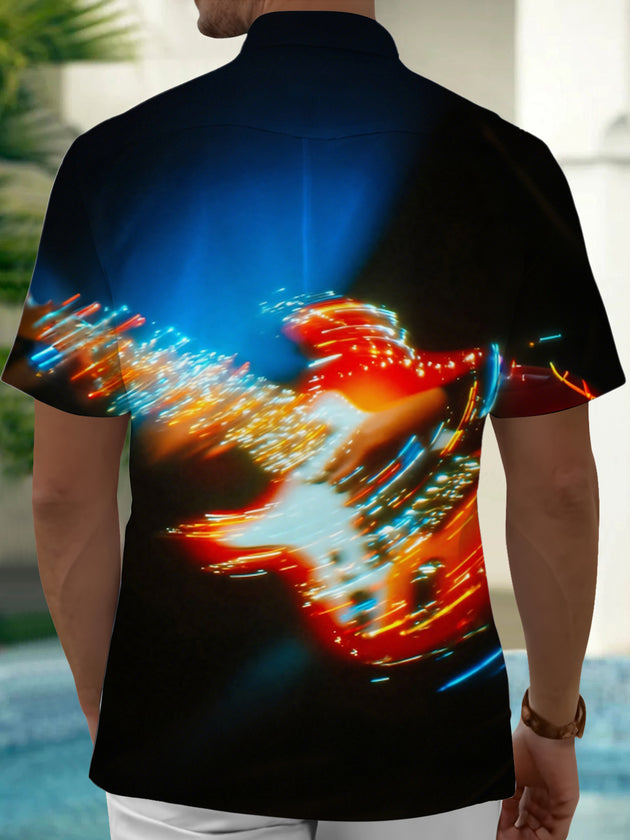 Men's Guitar Art Print Pocket Short Sleeve Shirt Back View