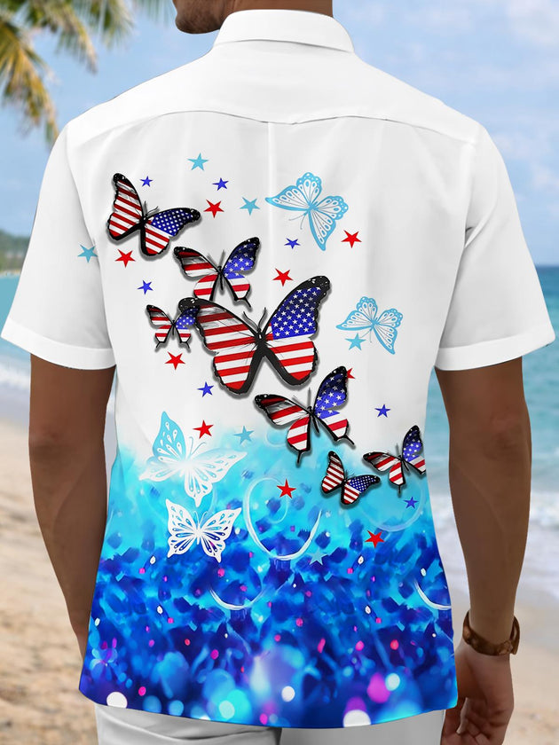 American Flag Butterfly Print Men's Pocket Short Sleeve Shirts