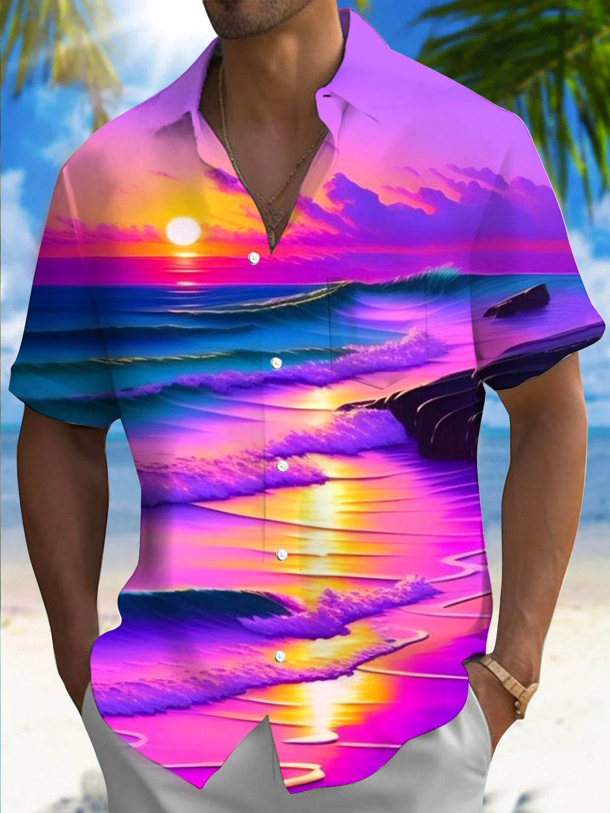 Seaside Sunset Scenery Men's Pocket Short Sleeve Shirts