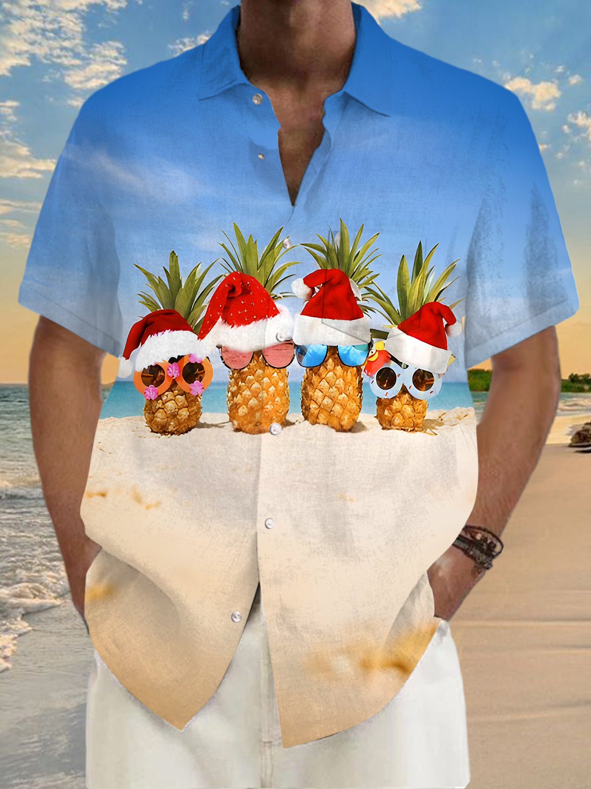 Fun Hawaiian Christmas Pineapple Beach Xmas Men's Pocket Short Sleeve Shirts